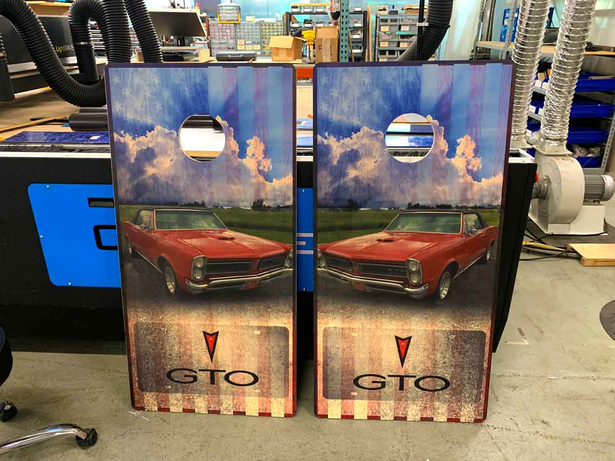 Cornhole boards, wood print and cut on the flatbed